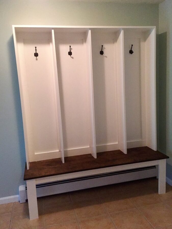 The completely finished DIY bench and locker system for our mudroom.
