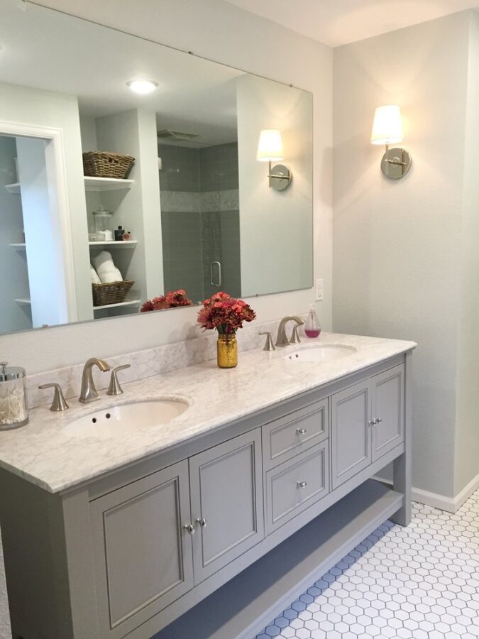 The master bathroom vanity and sconces.