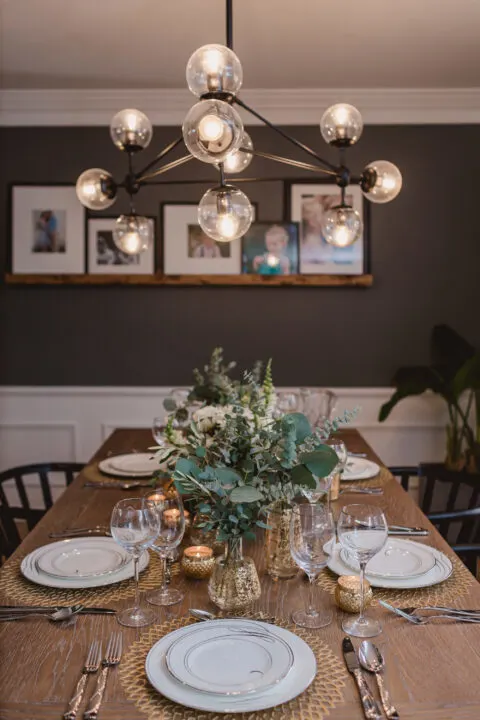 Modern dining room makeover with a moody wall color & holiday tablescape | Building Bluebird #orc #bhgorc #diningroomreveal