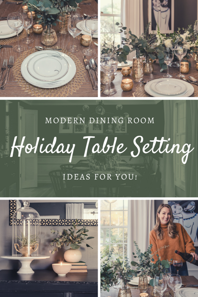 Holiday flower arrangement in the modern dining room makeover | Buidling Bluebird #flowerarrangement #holidaytablesetting #bhgorc