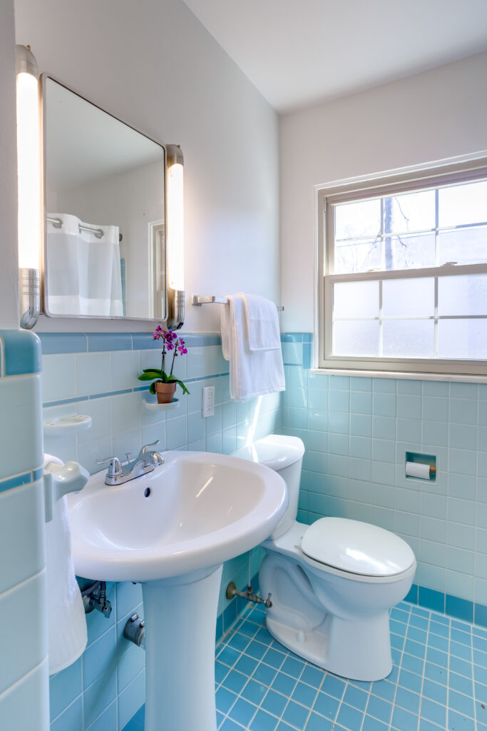 1950's blue tile bathroom restored