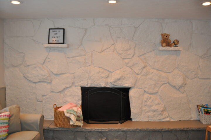 Painted stone fireplace DIY using latex paint