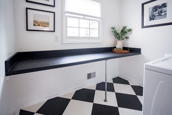 How to paint a checkered pattern on your floor using Rustoleum HOME | Building Bluebird #diamondpattern #blackandwhite #laundryroom