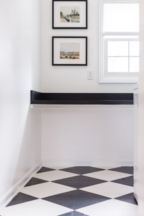 How to paint a checkered pattern on old linoleum floors using Rust-Oleum HOME floor paint | Building Bluebird #laundryroommakeover #diy #tutorial #beforeandafter