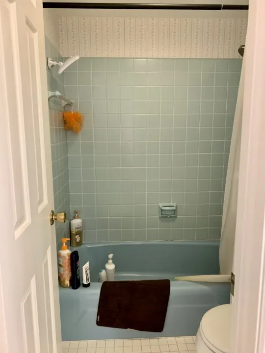 How to highlight midcentury blue shower tiles and add organization | Building Bluebird