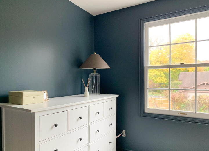 Outerspace by Sherwin Williams on the walls and our Hemnes IKEA dresser | Building Bluebird