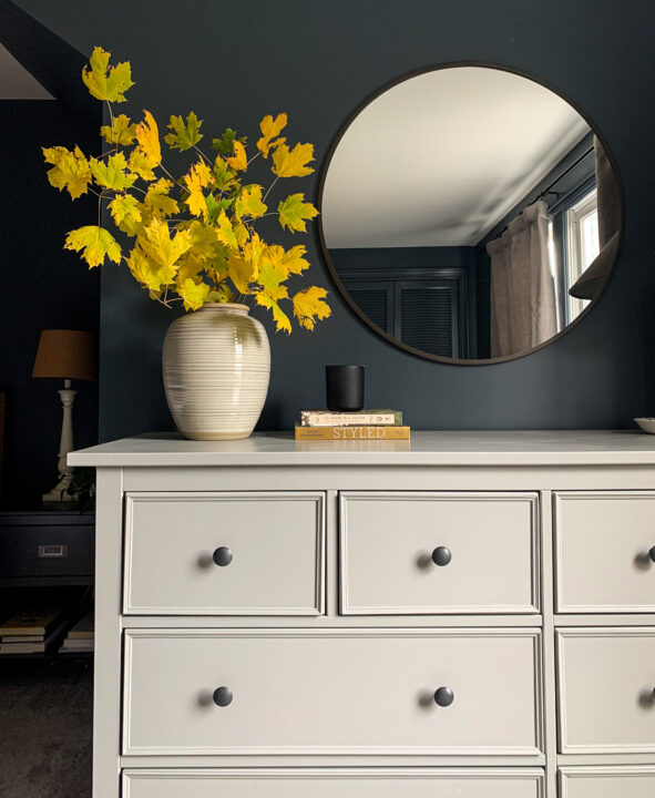 Moody master bedroom makeover - IKEA dresser with round mirror and dark paint on the walls | Building Bluebird #ikeahack #bhgorc #studiomcgee 