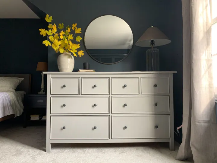 Modern and moody master bedroom with affordable IKEA dresser hack | Building Bluebird #orc #moodybedroom 