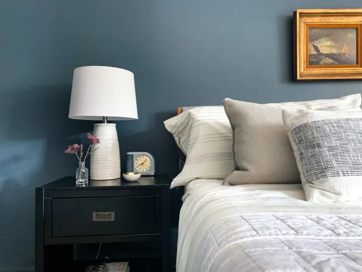 Modern black nightstand with storage in our moody master bedroom makeover | Building Bluebird #target #sw6251 #outerspace