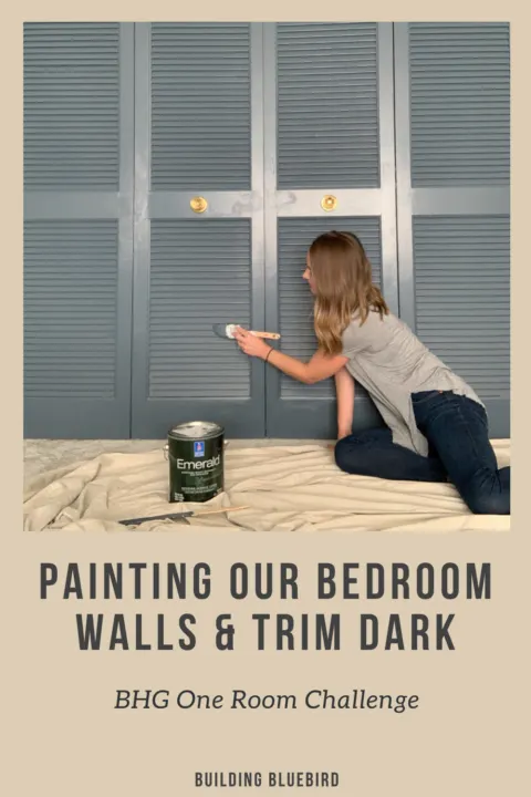 Master bedroom makeover with a moody blue wall and trim color - Outerspace by Sherwin Williams | Building Bluebird #orcbhg #orc #oneroomchallenge #sw6251 #swcolorlove #paint
