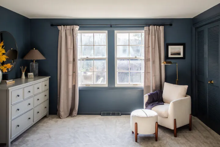 Moody master bedroom makeover - IKEA dresser with round mirror and dark paint on the walls | Building Bluebird #ikeahack #bhgorc #studiomcgee 