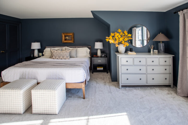 Outerspace by Sherwin Williams gives this bedroom a cozy feel | Building Bluebird #swcolorlove #sw6251 #moodybedroom #darkpaint
