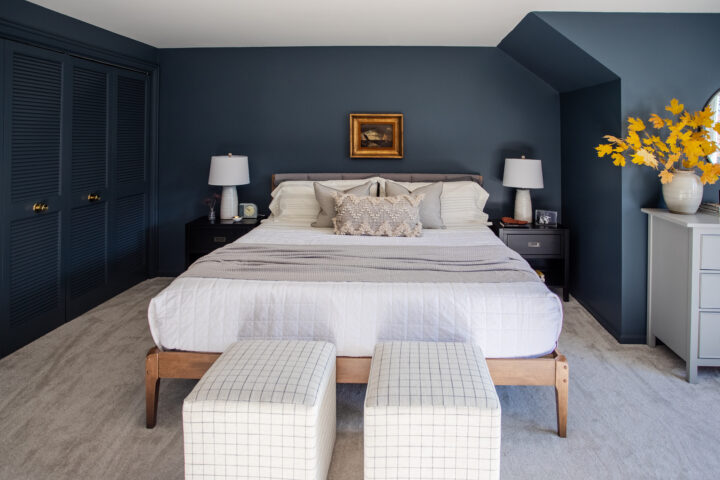 Modern master bedroom makeover with moody paint color and neutral bedding | Building Bluebird #outerspace #swcolorlove #moodypaint #sw6251 #overstock #targetstyle #studiomcgee #gofinding