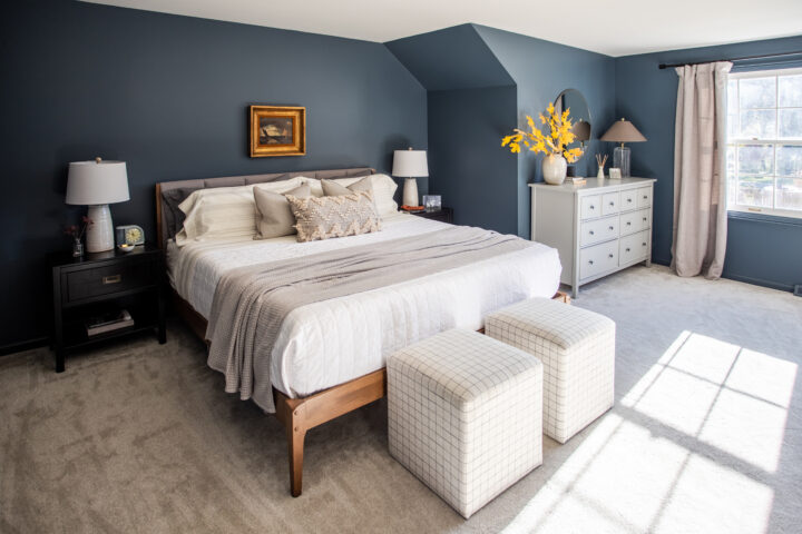 Modern master bedroom makeover with moody paint color and neutral bedding | Building Bluebird #outerspace #swcolorlove #moodypaint #sw6251 #overstock #targetstyle #studiomcgee #gofinding
