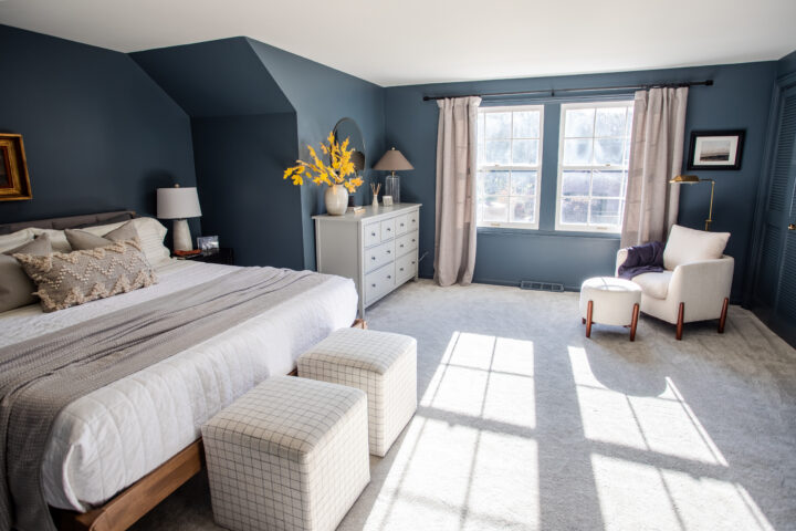 Modern master bedroom makeover with moody paint color | Building Bluebird #outerspace #swcolorlove #moodypaint #sw6251 #modern #ikeahack