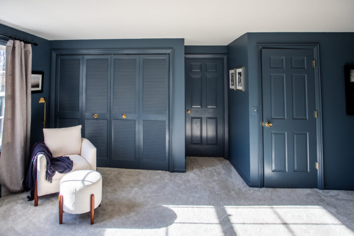 Threshold Studio McGee sherpa chair and ottoman with the walls painted in Outerspace by Sherwin Williams | Building Bluebird #sw6251 #swcolorlove