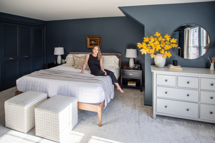 BHG One Room Challenge modern master bedroom makeover reveal | Building Bluebird #bhgorc #moodypaint #sw6251 #outerspace #swcolorlove #bollandbranch