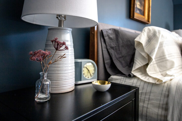 Modern black nightstand with storage in our modern master bedroom makeover | Building Bluebird #target #sw6251 #outerspace