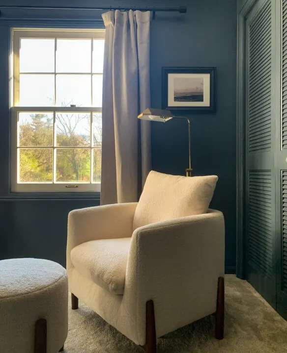 Cozy sitting area in our master bedroom with a thrifted lamp and Studio McGee chair | Building Bluebird #threshold #studiomcgee #orc #bhg
