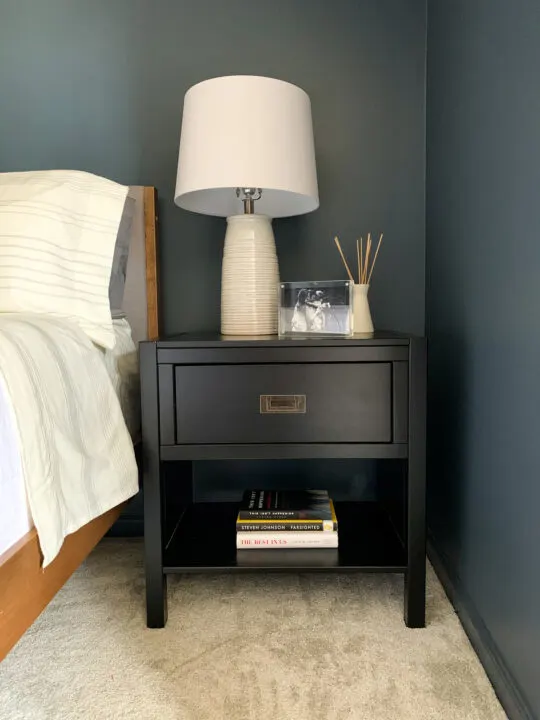 Modern black nightstand with storage in our modern master bedroom makeover | Building Bluebird #target #sw6251 #outerspace