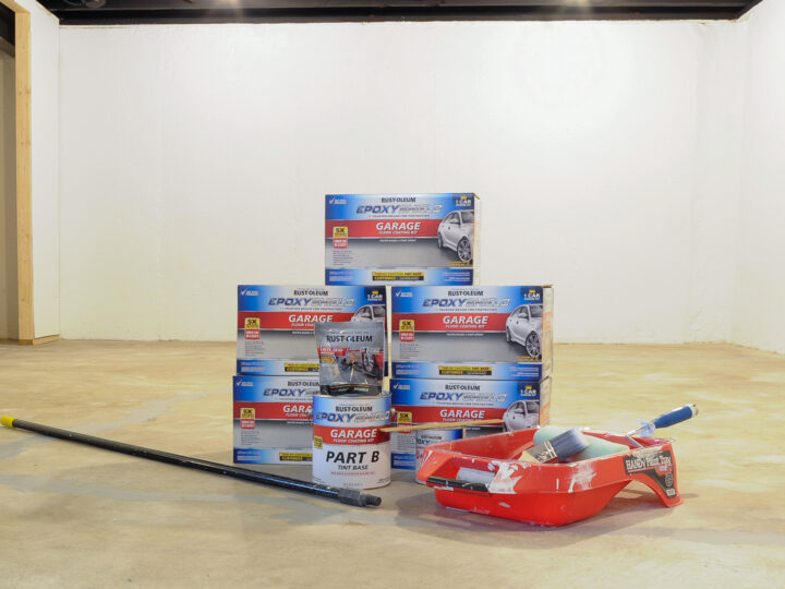Make your unfinished basement livable by painting the concrete floors with this inexpensive DIY | Building Bluebird 
#rustoleum #epoxyshield #basementmakeover