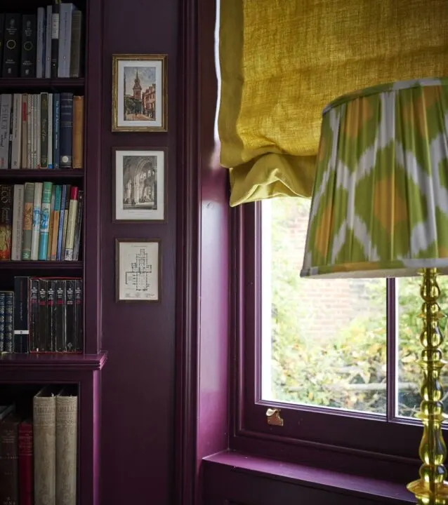 Brinjal by Farrow and Ball in the study of Ben Petreath via House Beautiful | Building Bluebird #grandmillennial #cottagecore #englishestate