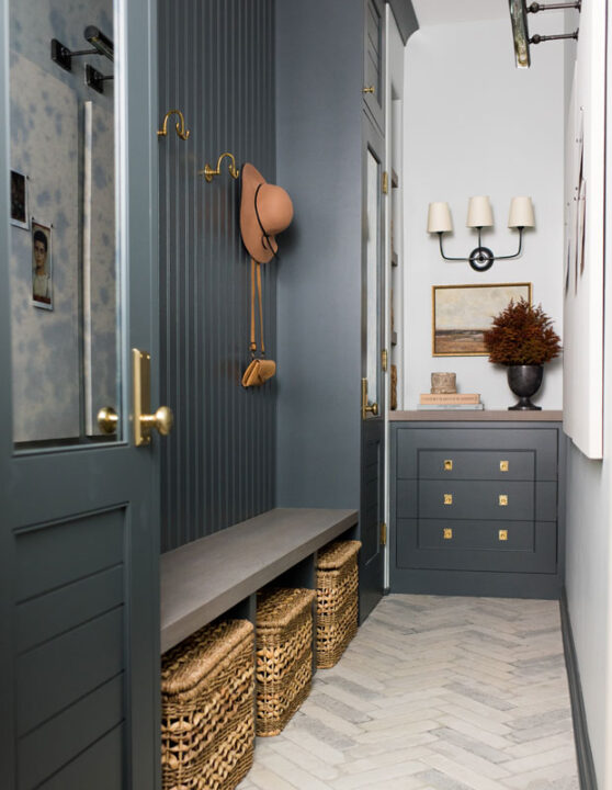 Down Pipe by Farrow and Ball with mudroom design by Whittney Parkinson | Building Bluebird #grandmillennial #cottagecore #mudrooom 