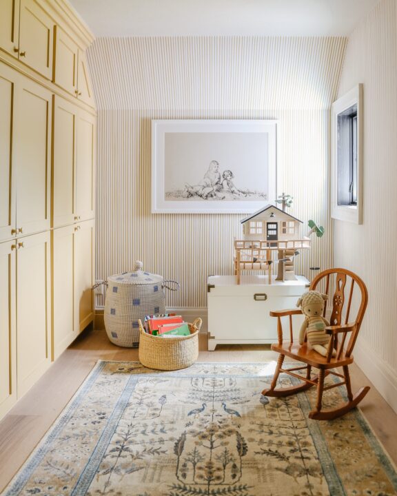 Restrained Gold by Sherwin Williams with playroom design by Chris Loves Julia | Building Bluebird #grandmillennial #cottagecore #yellowpaint