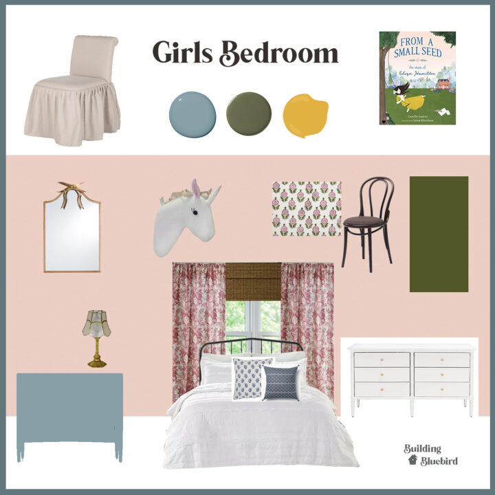 Girls vintage bedroom mood board | Building Bluebird #bhgorc