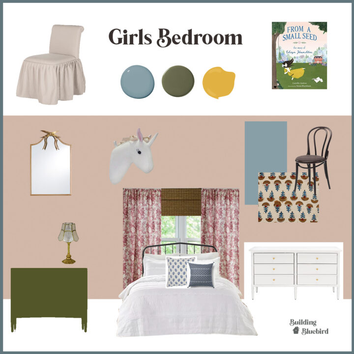 Girls vintage bedroom mood board | Building Bluebird #bhgorc