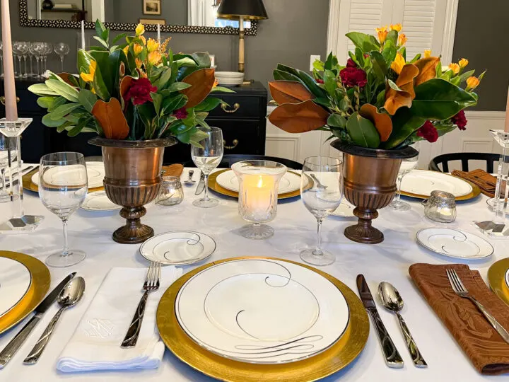 Centerpiece for Thanksgiving dinner with magnolia branches | Building Bluebird 