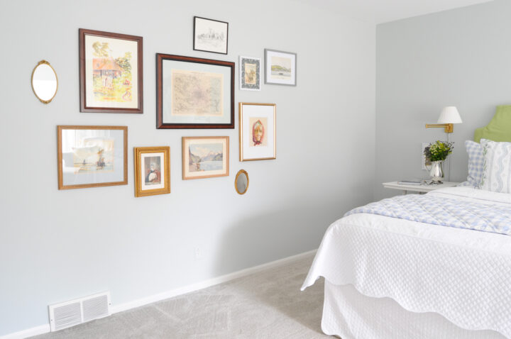 Feminine guest bedroom makeover with gray/blue walls - Farrow and Ball Skylight | Building Bluebird
