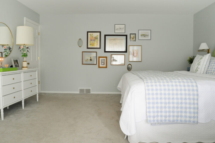 Guest bedroom makeover with Farrow and Ball Sylight walls (Building Bluebird)