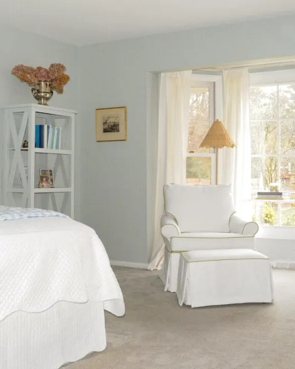 Feminine guest bedroom makeover with gray/blue walls - Farrow and Ball Skylight | Building Bluebird