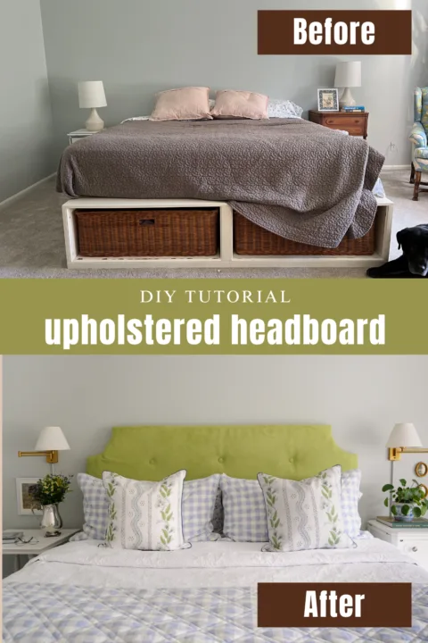 Green upholstered headboard with tufted buttons - DIY