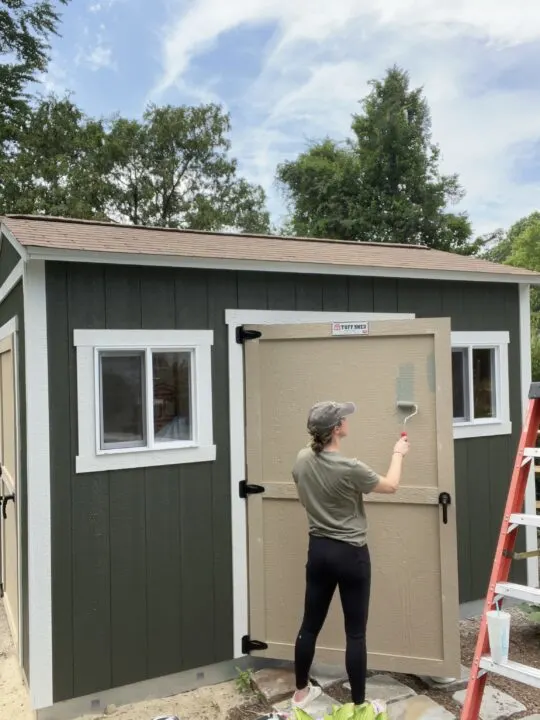 How to paint a shed dark green and door warm green - Evergreen Fog Sherwin Williams