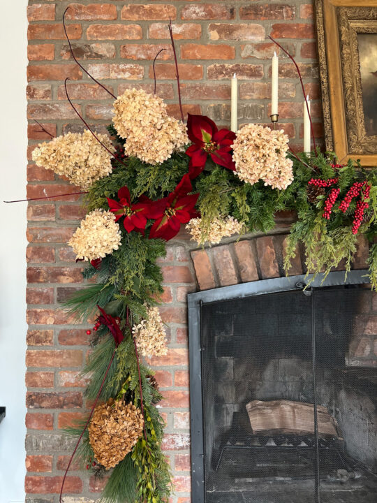 DIY red and green Christmas garland mantel with natural elements | Building Bluebird